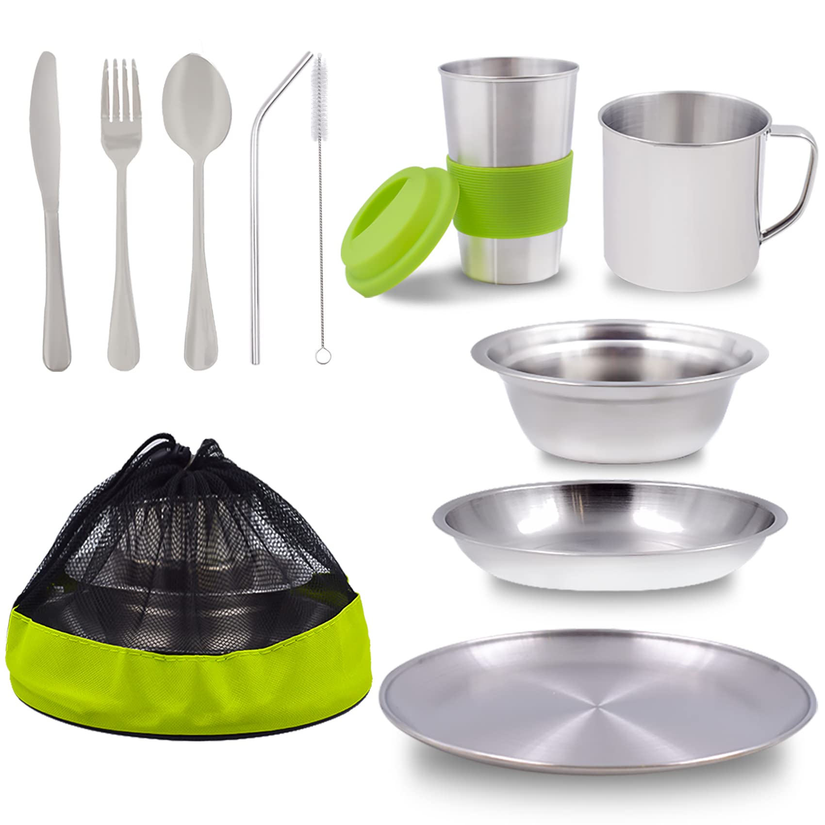 Stainless Steel Plates and Bowls Camping Dinnerware Set for Kids and Adults  with Travel Kit - Wealers