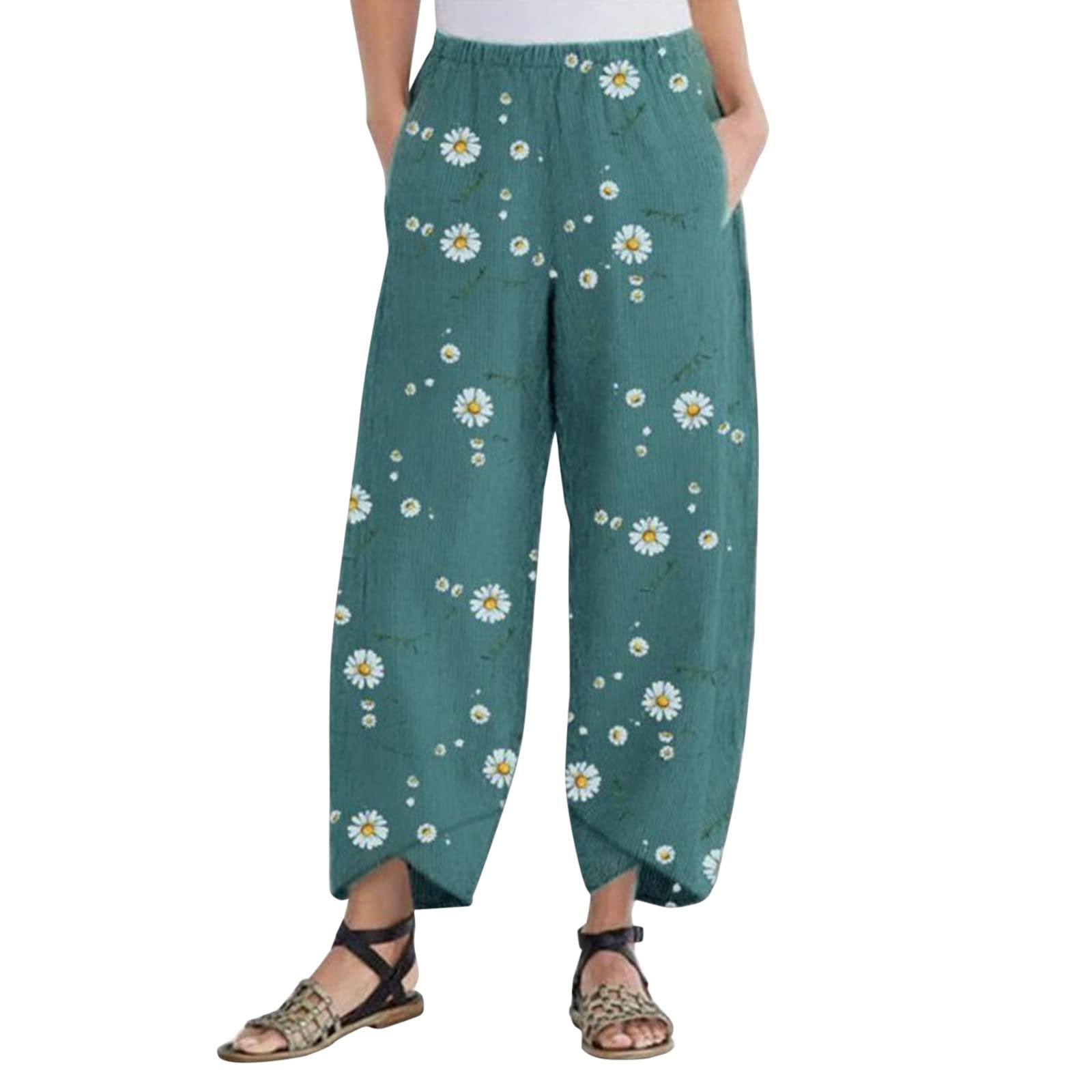 YOUMETO Cropped Casual Women Casual Summer Capris Loose Long Wide Leg  Cropped Pants High Waist High Rise Linen Cotton Green XX-Large