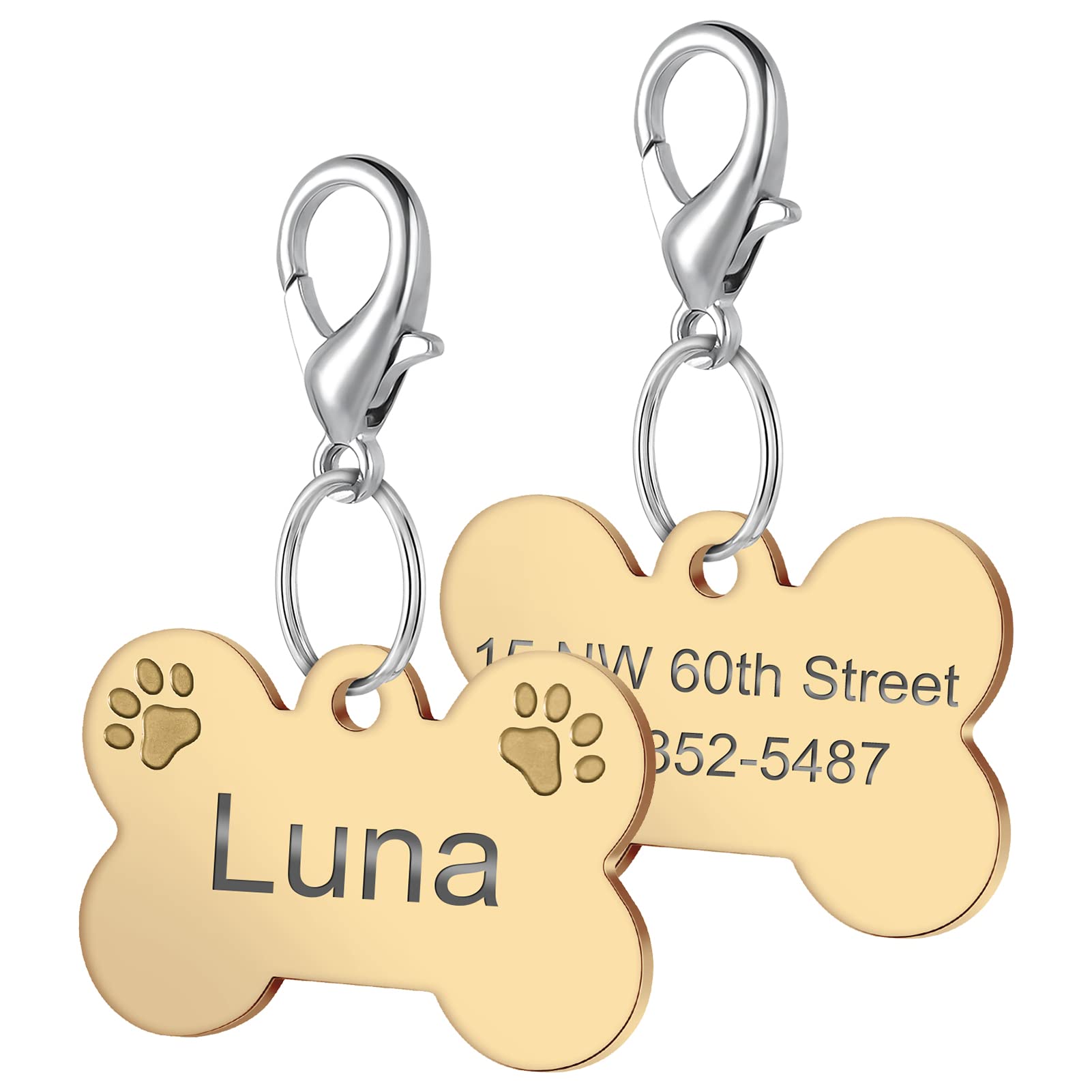 JATEBI Personalized Pet ID Tags, Stainless Steel Dog Tags,custom  Bone&Hollowed Paw Shaped Engraved Dog Name, Label, Addr