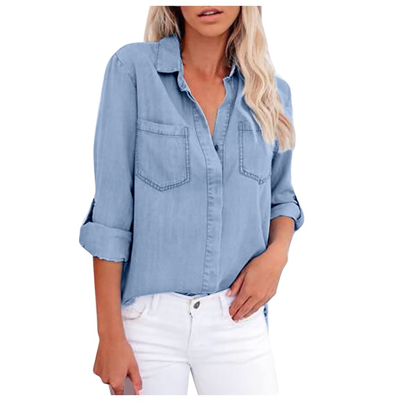 Calsunbaby Women's Classic Long Sleeve Button Down Denim Shirt Jeans Blouse  with Pockets for Work Blue L - Walmart.com