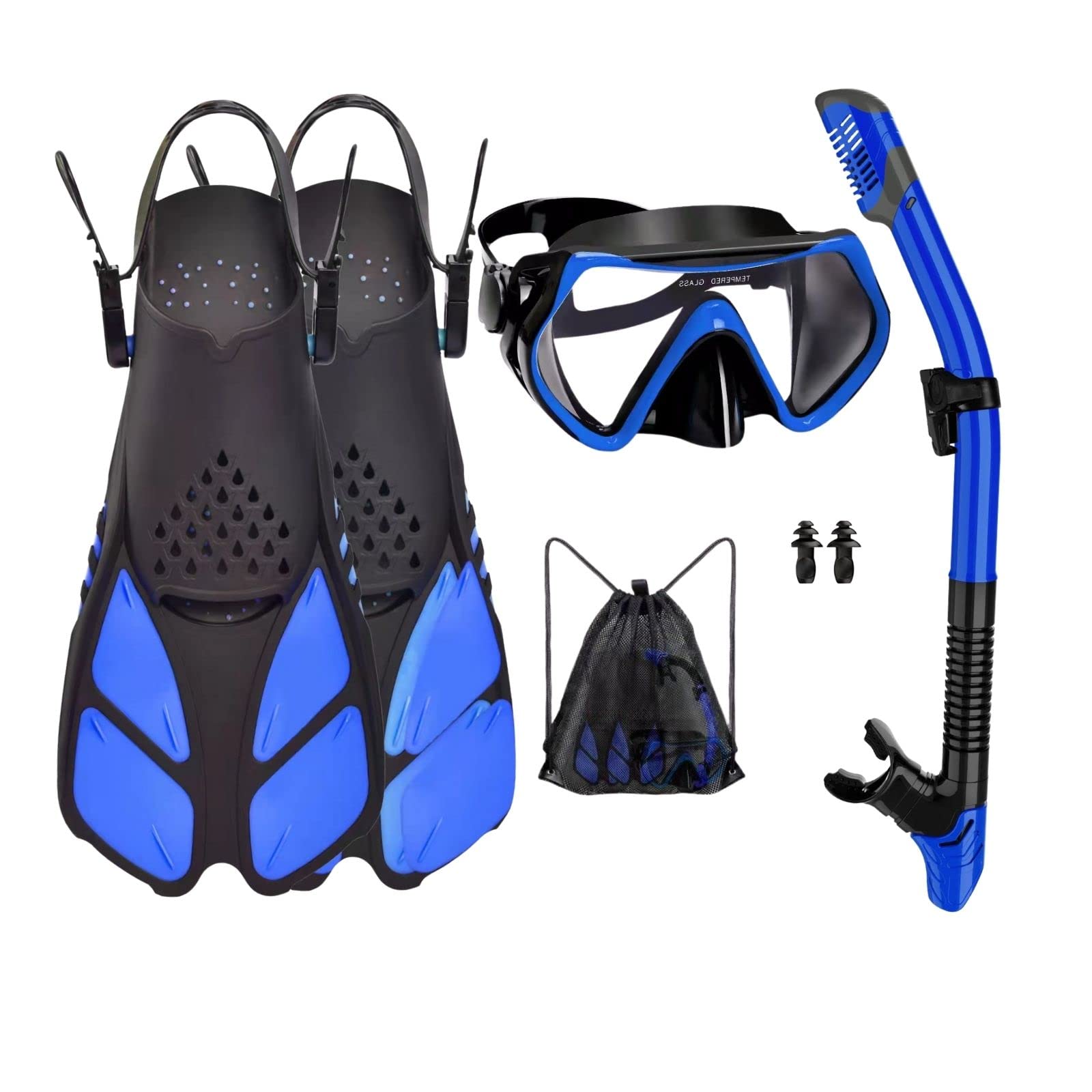 Mask Fins Snorkel Set 5 in 1 Professional Snorkeling Gear for Adults  Anti-Fog Tempered Glass Scuba Gear for Snorkeling Swimming Scuba Diving,  Blue L/XL(Adults 9-13)