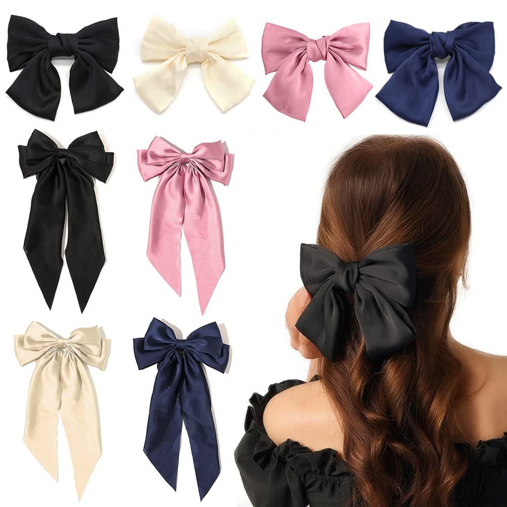 8Pcs Big Bow Hair Clips FHDUSRYO Solid Color Large Hair Bow Pins Bowknot  French Barrette with Long Silky Satin Ribbon Hair Slides Accessories for  Women Girls Lolita Party Mother's Day Gift