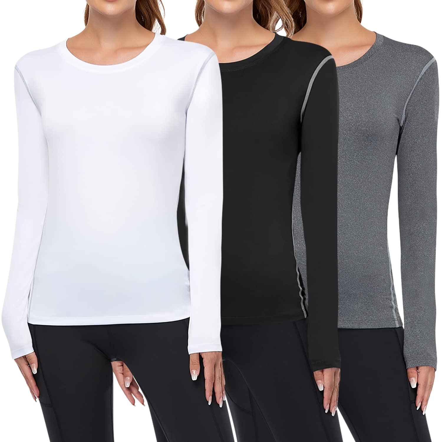 WANAYOU Women's 2-3 Pack Compression Shirt Dry Fit Long Sleeve Running  Athletic T-Shirt Workout