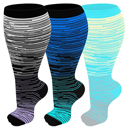 Refeel Plus Size Compression Socks Wide Calf For Women & Men 20-30 mmhg - Large  Size Knee High Support Stockings For Medical 02-Gray/Dark Blue/Light Blue  3X-Large