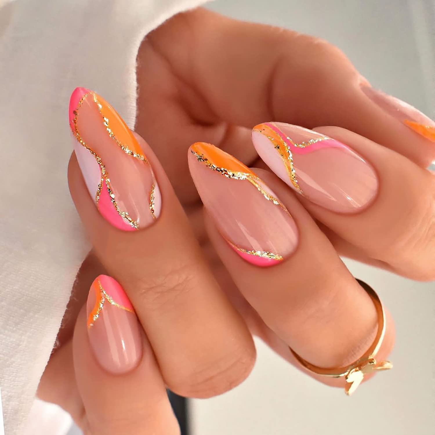 Amazon.com: QINGGE Pink and Orange French Tip Press on Nails Medium Length  Square Fake Nails with Glitter Design Bling Glossy Acrylic Nails Stick on  Nails Tips Glue on Nails False Nails for