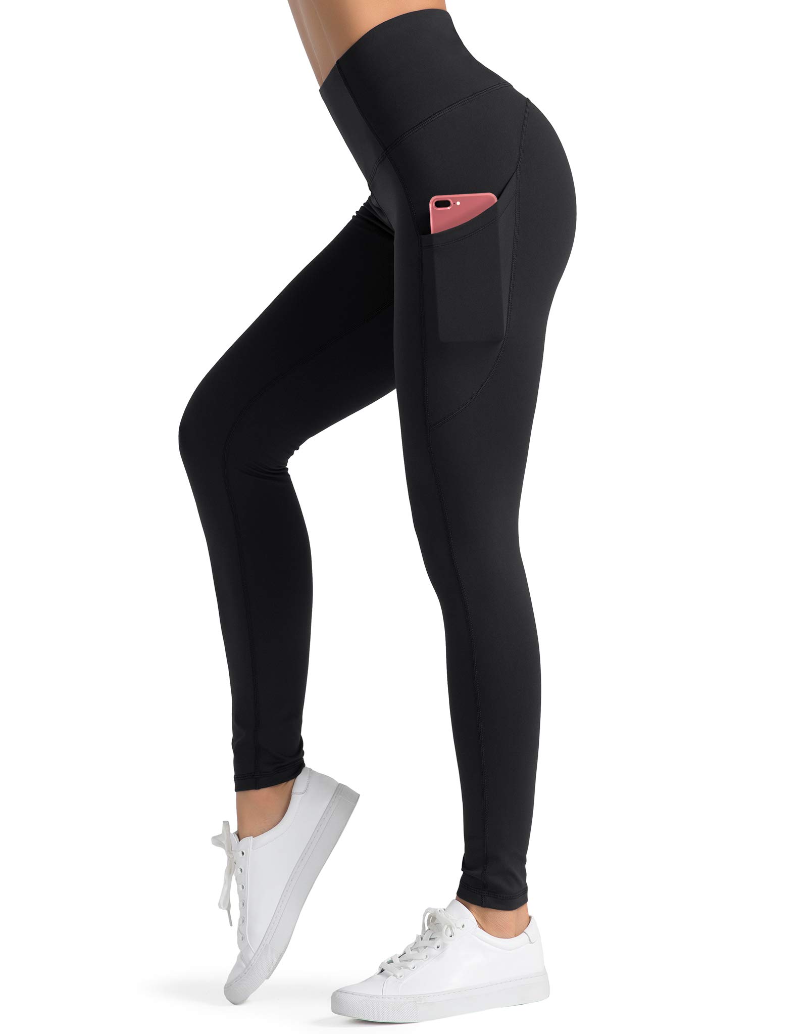Women'S High Waist Yoga Pants With Side & Inner Pockets Tummy Control  Workout Running 4 Way Stretch Sports Leggings,Black,Skinny Slim Leggings