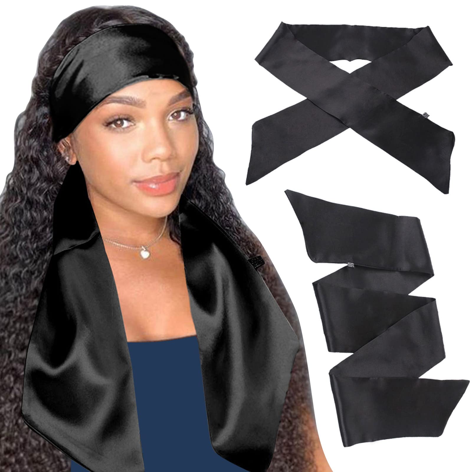 XTREND 2Pcs Women's Satin Edge Scarves for Wigs 58 Inch Silk Edge Laying  Scarf for Women Non Slip Hair Wrap Wigs Grip Band for Yoga Makeup Facial  Sport (2 pcs Black) 2 Pcs-black