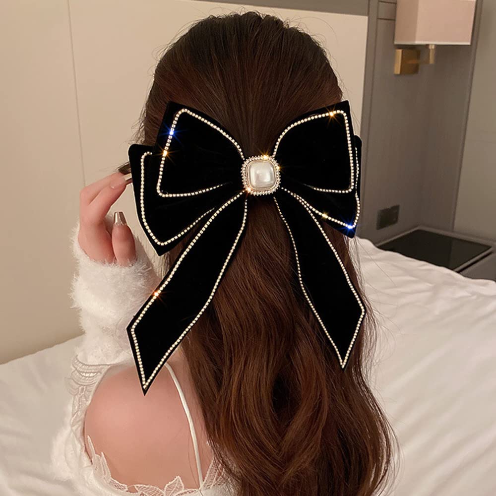 Wiwpar Velvet Black Hair Bow Hair Clips Barrettes Clips Large Bows with  Pearl Rhinestone Hair Clip Big Bowknot Barrettes French Style Hair  Accessories for Women Girls Halloween Party(Black) color 1