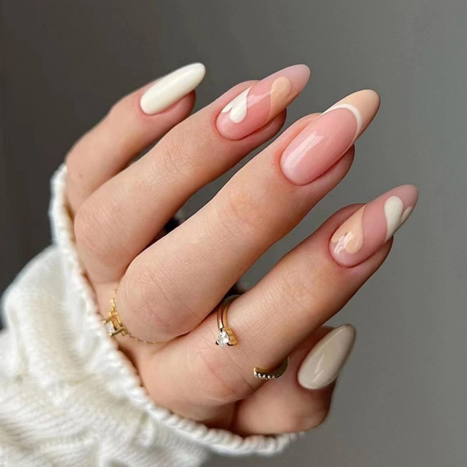 Buy Beige Base & Silver French Almond Medium Length Luxury Press on Nails  Online in India - Etsy
