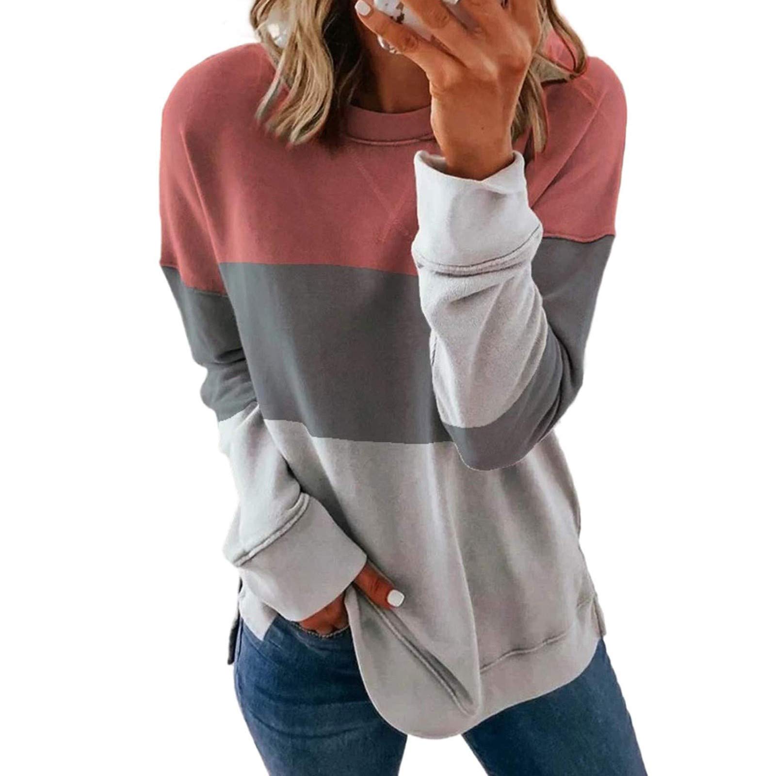 Womens Fall Fashion 2023 Plus Size Casual Crewneck Sweatshirts Striped Shirts  Long Sleeve Loose Pullover Comfy Tops 3X-Large A02_pink