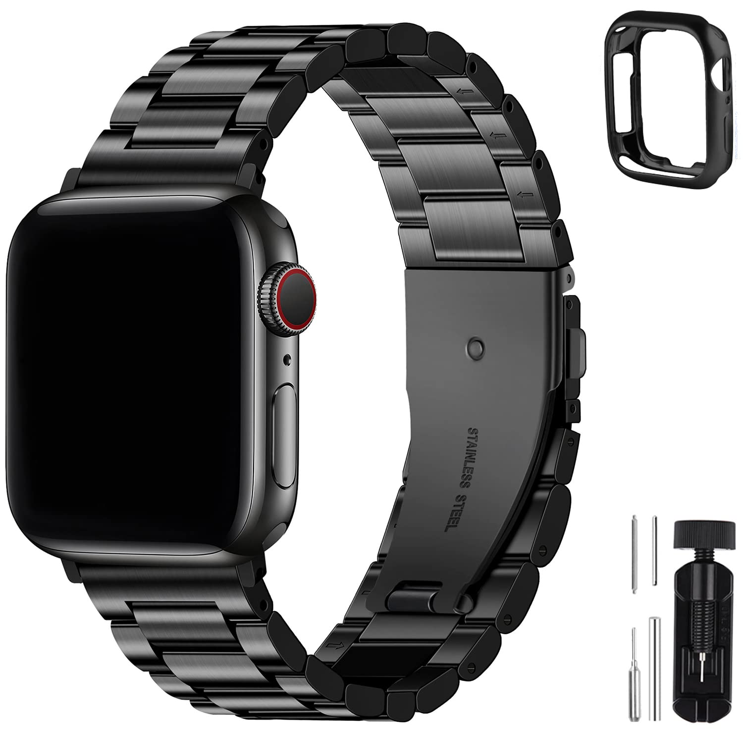 Fullmosa Compatible Apple Watch Band 42mm 44mm 45mm 49mm 38mm 40mm 41mm,  Stainless Steel iWatch Band with Case for Apple Watch Series 8/7/6/5/4/3/2/1/SE/SE2/Ultra,  42mm 44mm 45mm Black Black 42mm 44mm 45mm