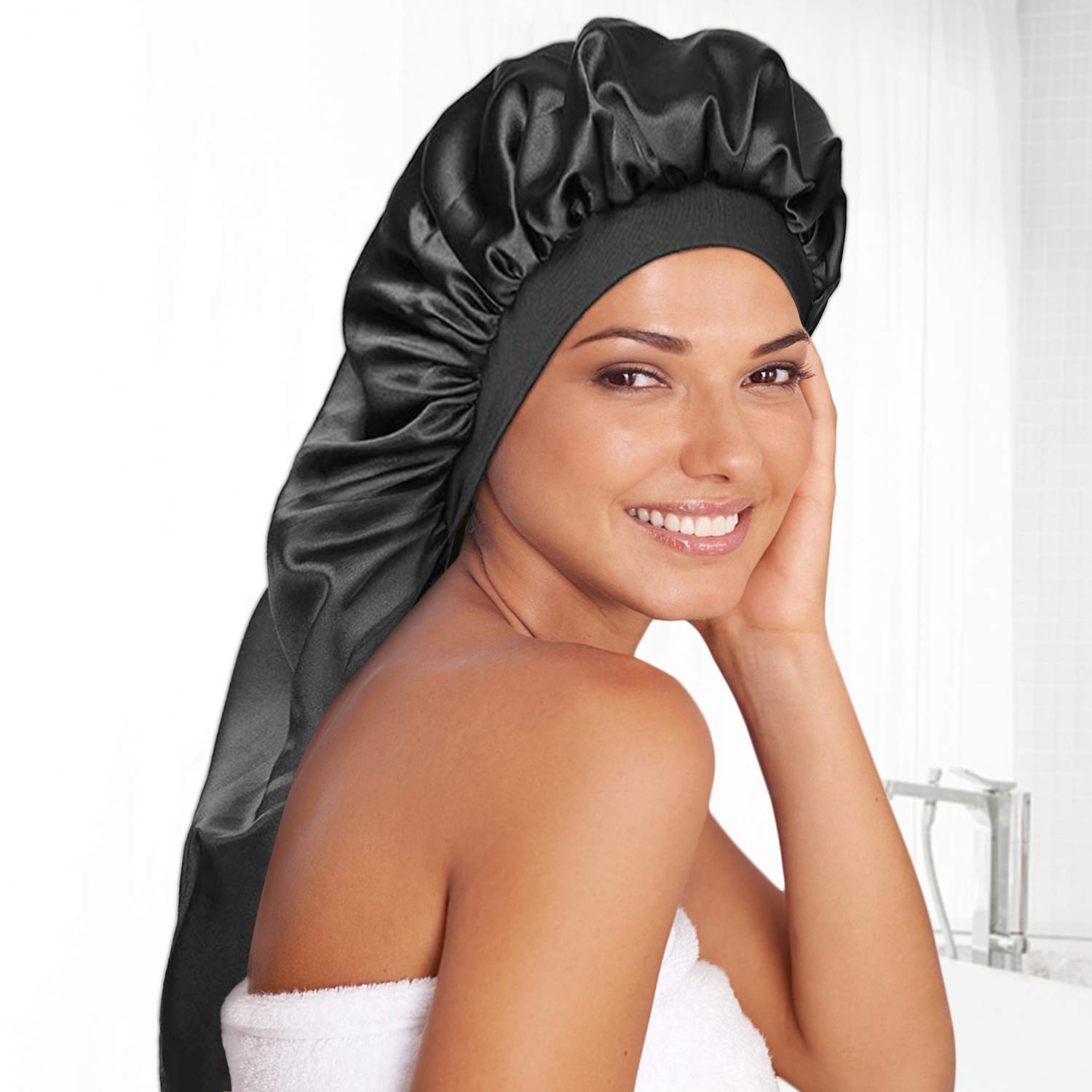 Long Satin Bonnet Sleep Cap Extra Large Silk Sleeping Cap with Wide Elastic  Band Loose Night Hat for Women Braids,Curly Hair,Natural Hair,Very Soft &  Comfortable (Black)