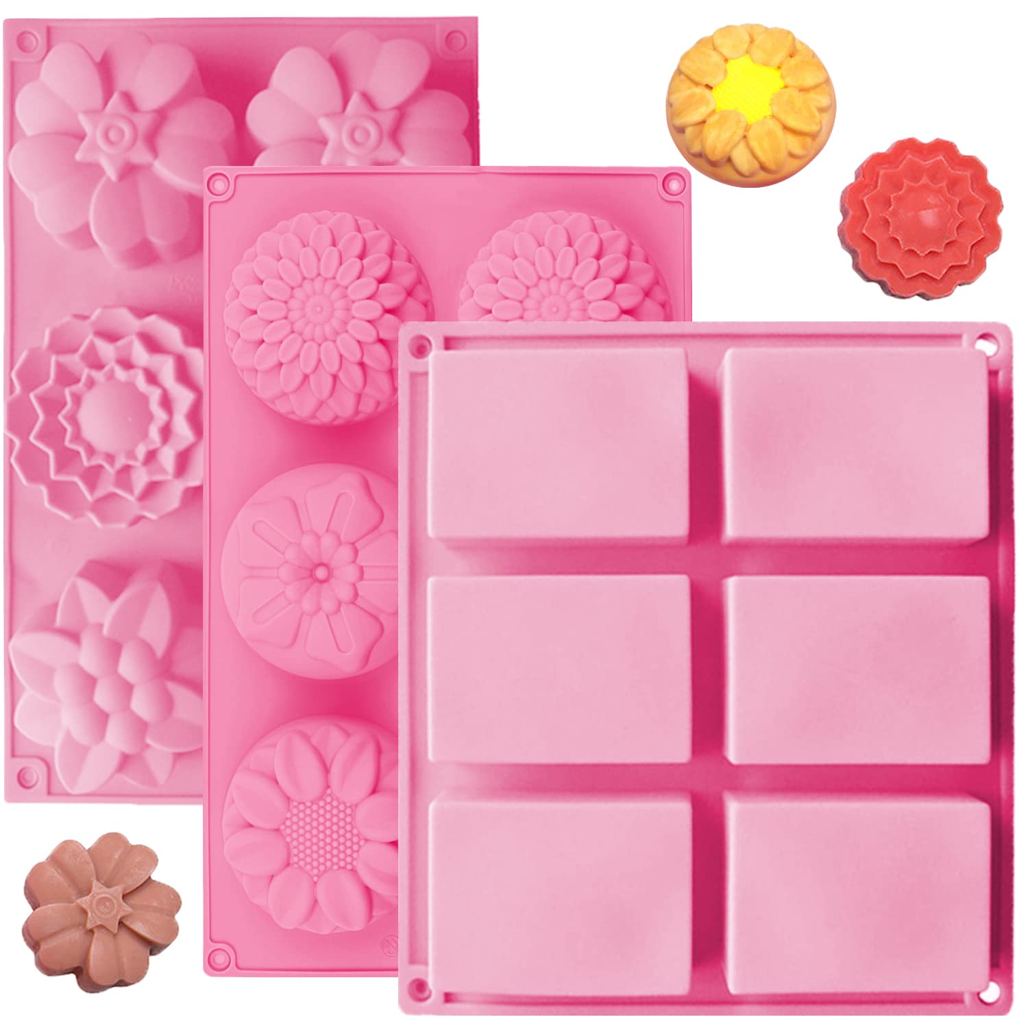 OBSGUMU 3 Pack Silicone Soap Molds 6 Cavities Flowers Soap Mold