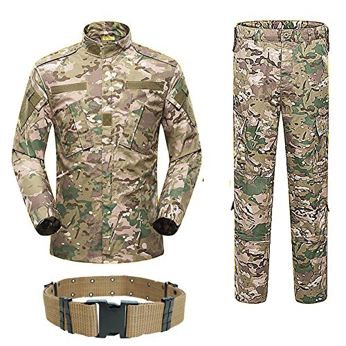 H World Shopping Military Tactical Mens Hunting Combat BDU Uniform Suit Shirt & Pants with Belt Woodland