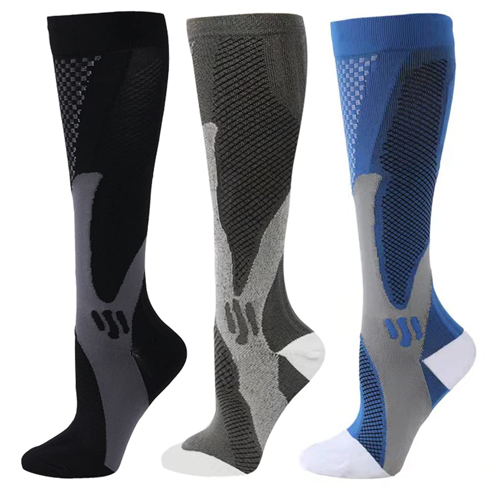 ZFiSt 3 Pair Medical Sport Compression Socks Men,20-30 mmhg Run Nurse Socks  for Edema Diabetic Varicose Veins Black+blue+grey