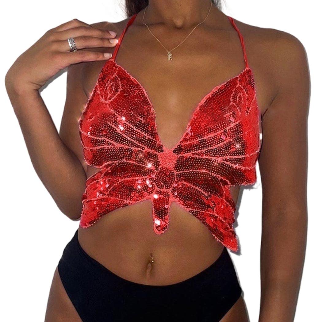 REETAN Sequins Bra Tops Butterfly Crop Top Party Belly Dance Tops Fashion  Rave Costume for Women