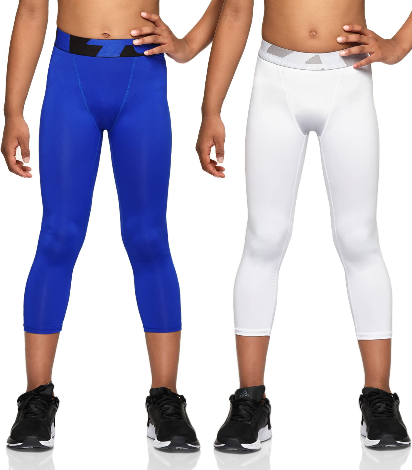 TSLA 1 or 2 Pack Boys Youth UPF 50+ Compression Pants Baselayer Cool Dry  Running Tights 4-Way Stretch Workout Leggings Capri 2pack White/ Blue 6