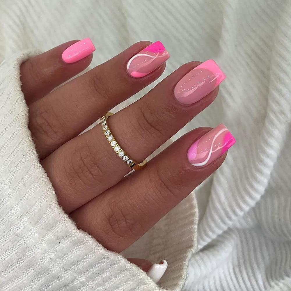 Summer Nails Short French Press on Nails With Design KXAMELIE Hot Pink  Square Shape Colorful Swirls French Tips Fake Nails Glossy Gel Nails Press  on Full Cover Reusable Glue on Nails for Women Girls in 24