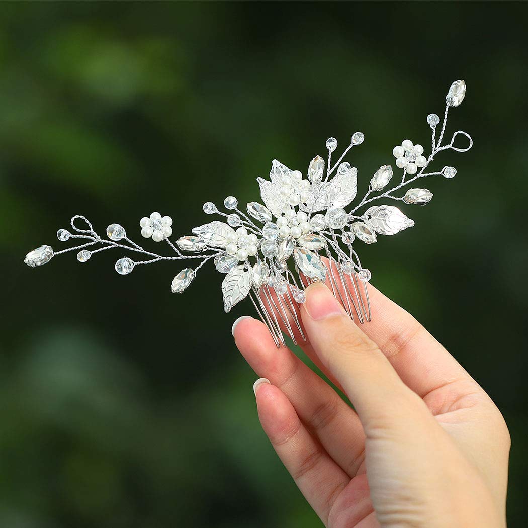 Gorais Leaf Bride Wedding Hair Comb Pearl Bridal Hair Piece Crystal Side Comb  Hair Accessories for Women and Girls (A-Silver)