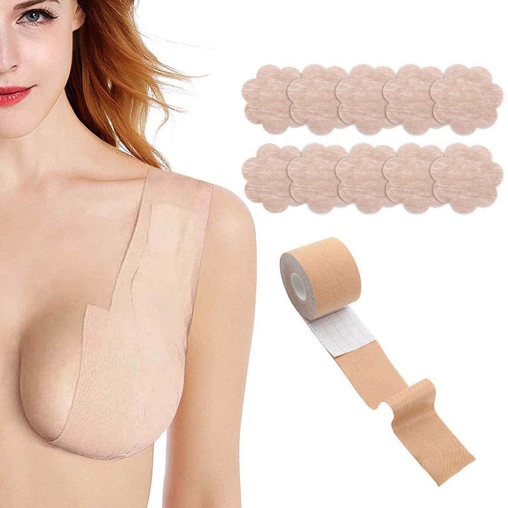 Boob Tape and 10 Pcs Petal Backless Nipple Cover Set, Breathable