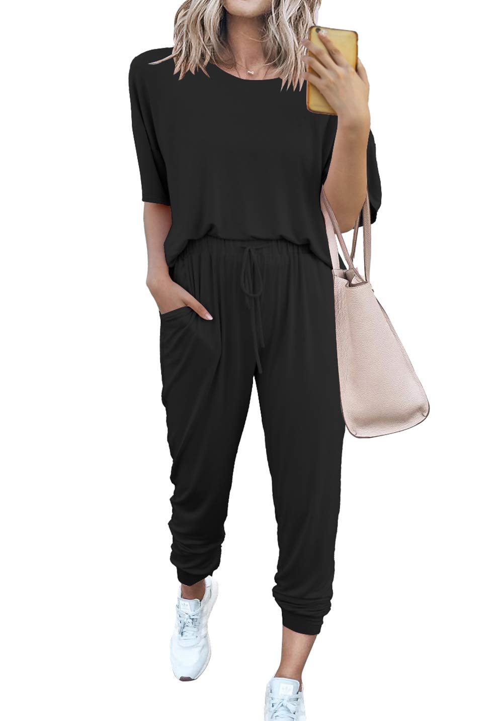 PRETTYGARDEN Women's Two Piece Outfit Short Sleeve Pullover with Drawstring  Long Pants Tracksuit Jogger Set A-black Medium
