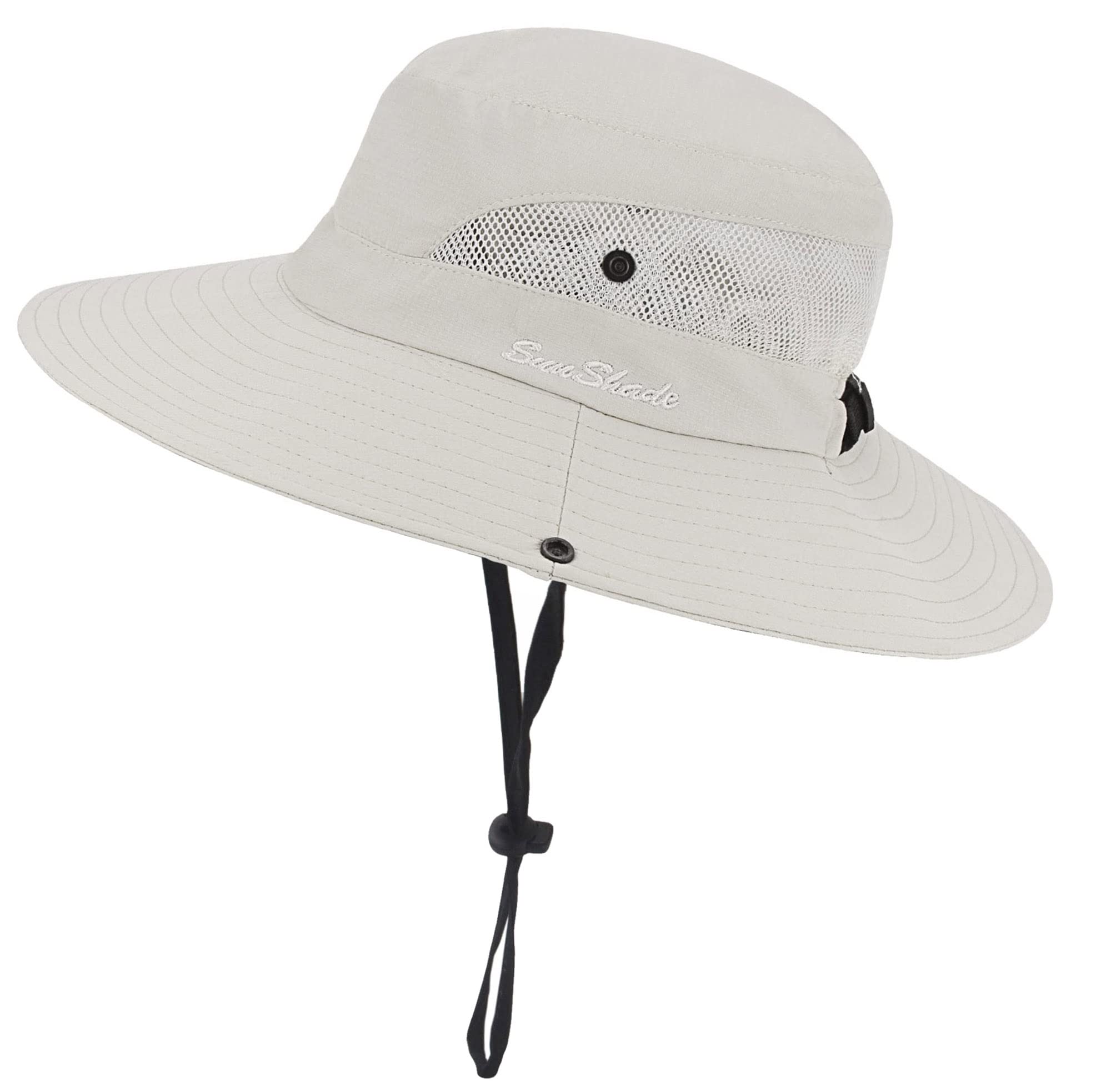 Womens Summer Sun-Hat Outdoor UV Protection Fishing Hat Wide Brim  Foldable-Beach-Bucket-Hat with Ponytail-Hole Beige