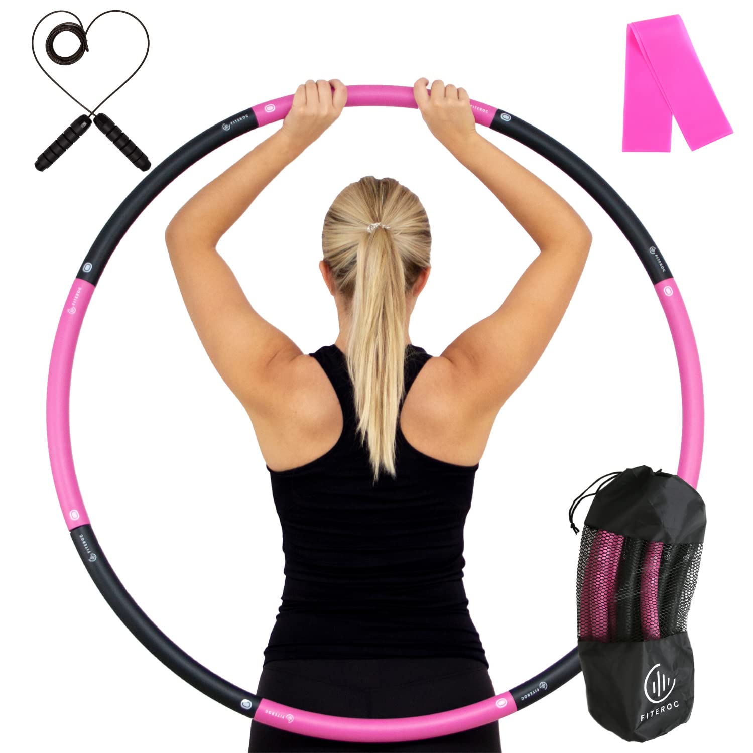 Fiteroc Weighted Fitness Hula Hoop Adult Beginner - Weighted Hula Hoop for  Adults - Detachable and Portable - Exercise Holahoop with Jump Rope,  Resistance Band and Carry Bag Black/Pink