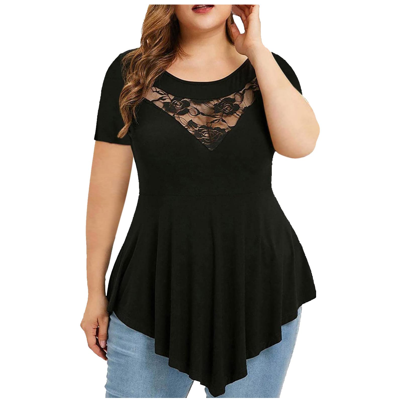 LADIGASU Womens Goth Plus Size T-Shirt Summer Cold Shoulder Short Sleeve  Blouse Tops Sexy V Neck Tunic Top XX-Large C-black