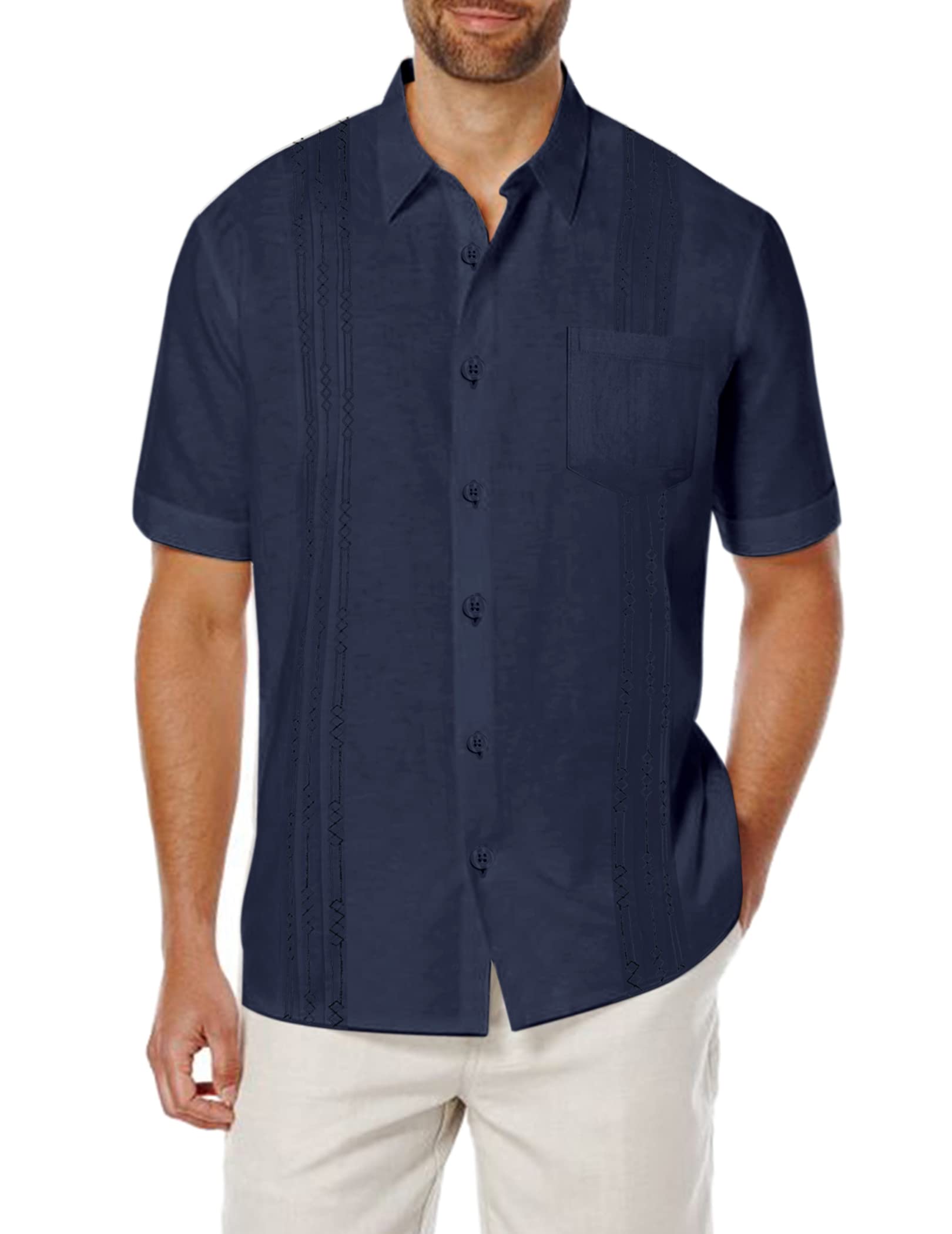 COOFANDY Men's Short Sleeve Linen Shirt Cuban Beach Tops Pocket Guayabera  Shirts XX-Large 1 - Navy