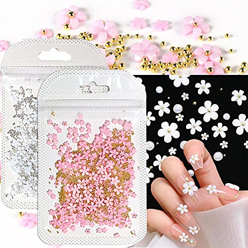 White Pink 3d Acrylic Flower Nail Charms With Pearl Golden Caviar