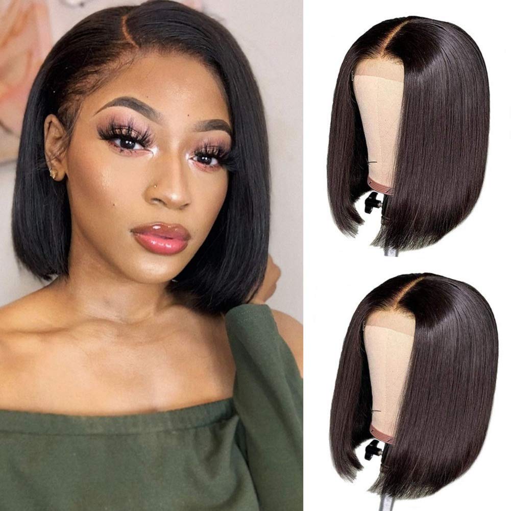 Brazilian Virgin Straight Bob Lace Front Human Hair Wigs for Black Women  Glueless Pre Plucked with Baby Hair Short Bob Straight 4x4 Lace Closure Wig  (8 inch, 150% Density) 8 Inch (Pack