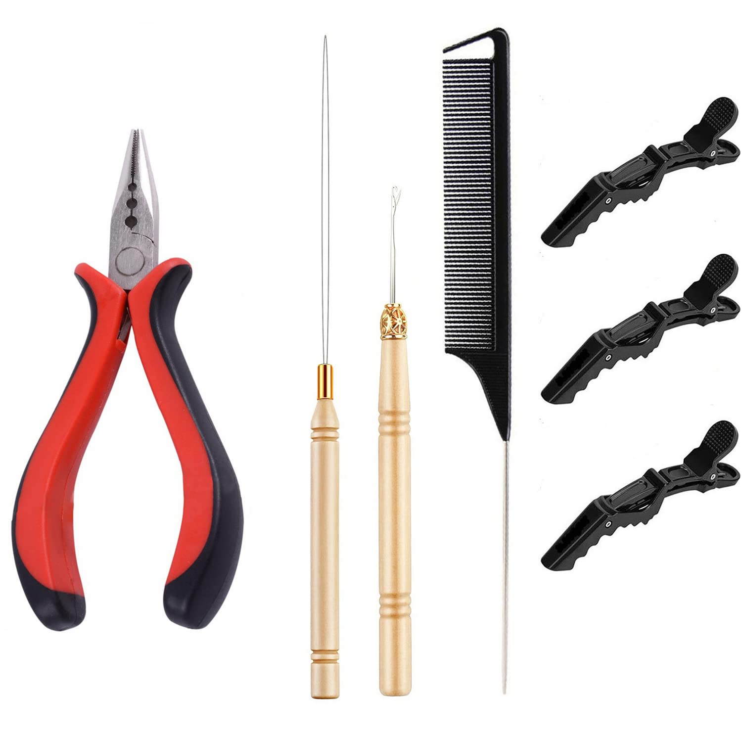 Hair Extension Tool Kit Hair Extension Remove Pliers Pulling Hook Beads  Device 1 Rattail Comb 3Pcs Alligator Hair Clips for Hair Extension Tools 2