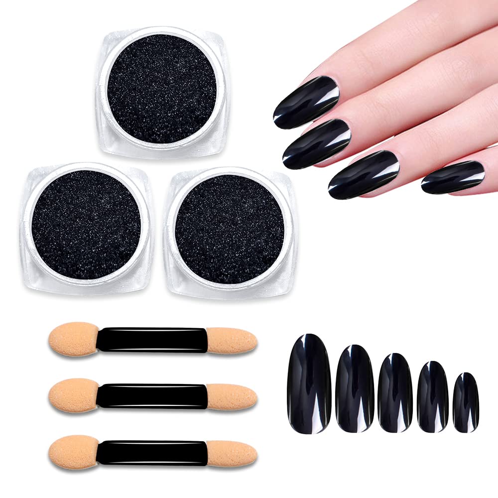 NOVAL Chrome Powder for Nails 3 Boxes Black Chrome Nail Powder Aurora Mica  Powder Pigment Set, Pearlescent Shimmery Nail Powder with 3PCS Sponge  Sticks for DIY Nail Art Decoration Nail Salon (Black).