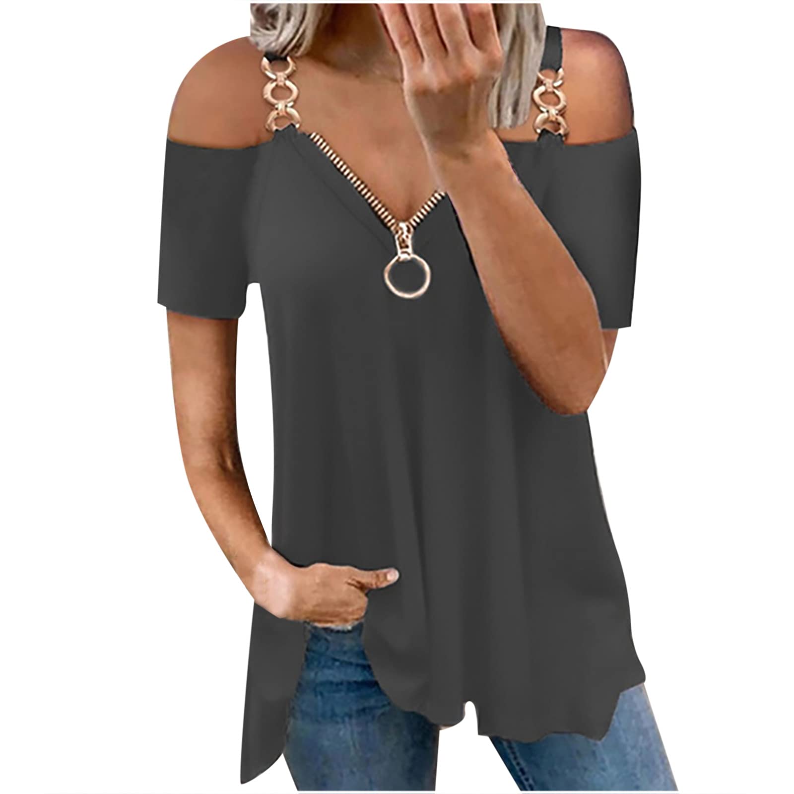 Women Summer Plus Size Tops 2023 Casual Sexy Cold Shoulder Lace Short  Sleeve Shirts Zip Up
