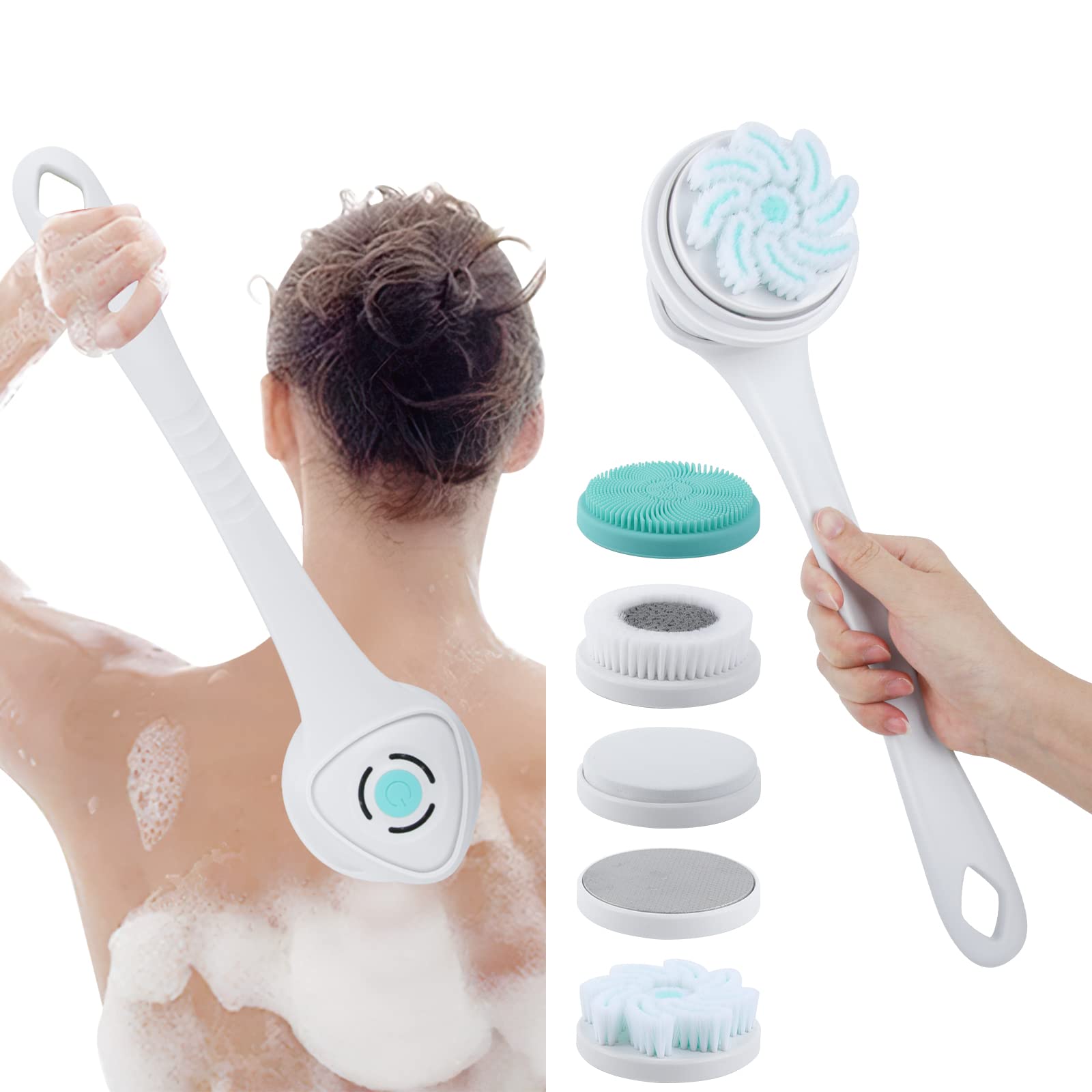 Electric Shower Body Brush 5 in 1 Back Brush Long Handle for Shower Brush  Used for Body Cleaning Exfoliating Massage Body Scrubber with 5 Rotating  Brush Heads(White USB Charging)
