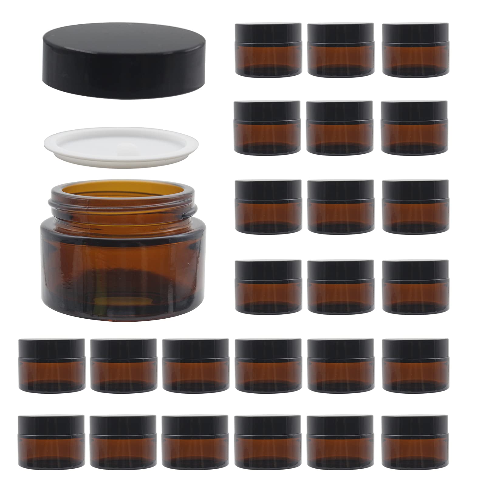 BPFY 24 Pack 1 oz Round Amber Glass Cosmetic Jars with Lids And Inner  Liners, Travel Glass Jars, Refillable Cosmetic Containers for Ointments,  Lotion, Lip Scrub, Makeup, Eyeshadow, Slime, Paint Amber 1oz