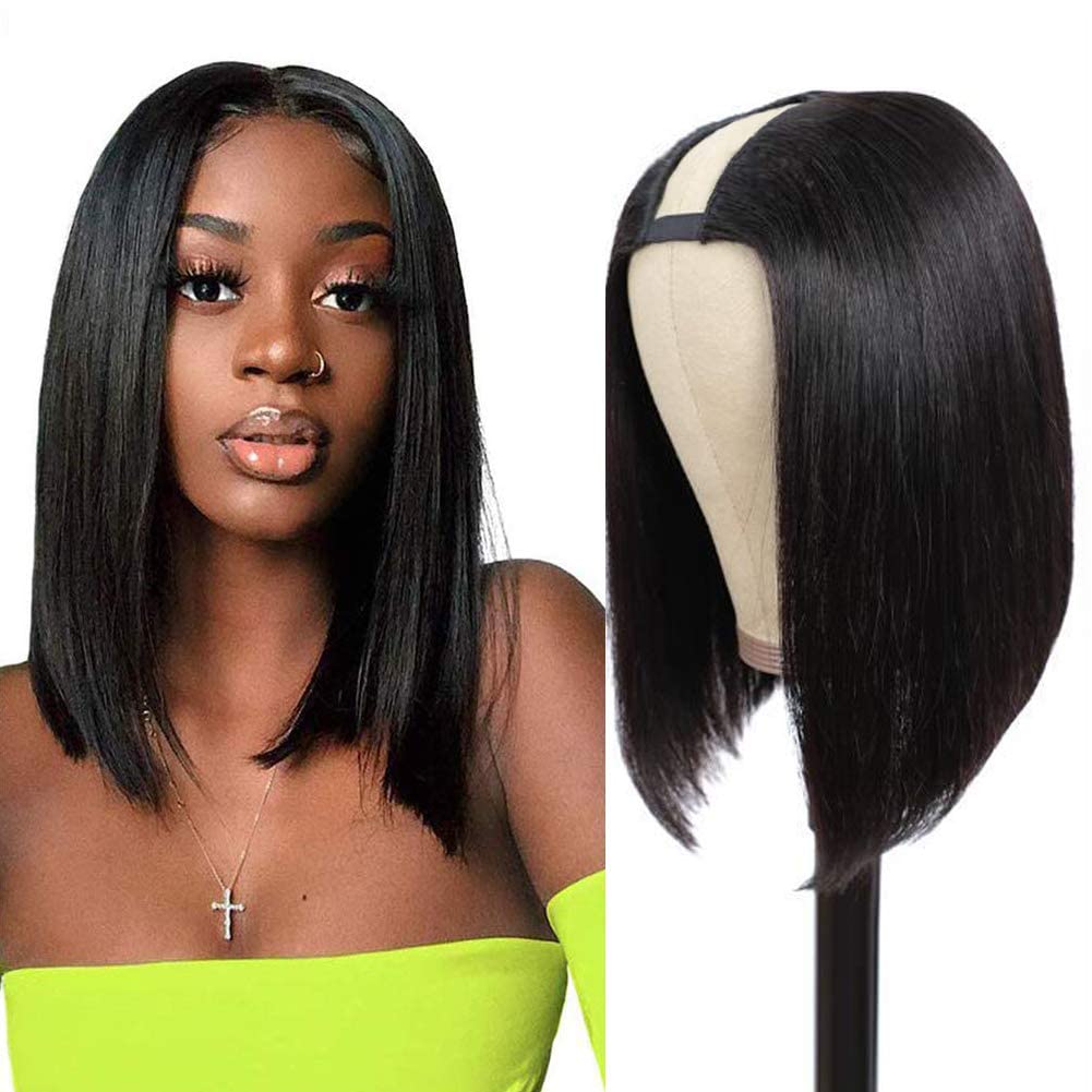 PANEWAY U Part Wig Human Hair Straight Bob Wigs For Black Women 12 inch  Brazilian Remy Hair Short Bob Human Hair Wigs Clip in U Part Wig Human Hair  Extensions Natural Color