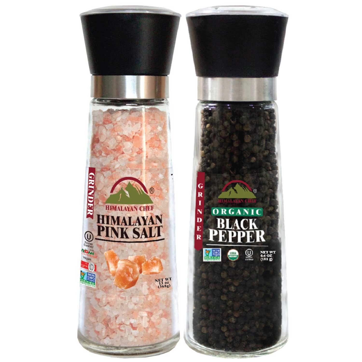 Himalayan Chef Salt & Pepper Grinders, Small Refillable Glass Jar