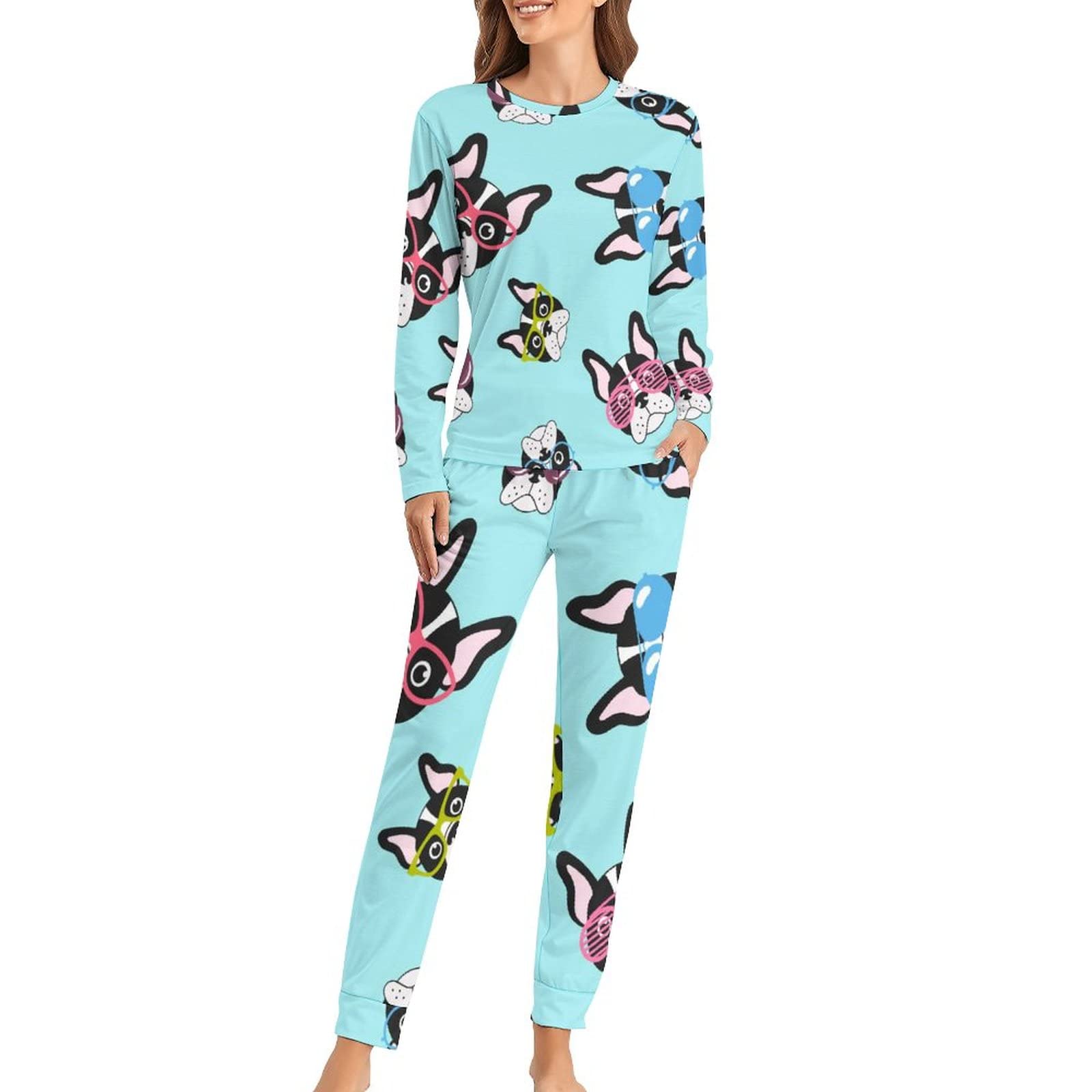 French Bulldogs with Glasses Women's Pajama Sets Two Piece Long Sleeve  Lounge Sleepwear with Pockets 3X-Large