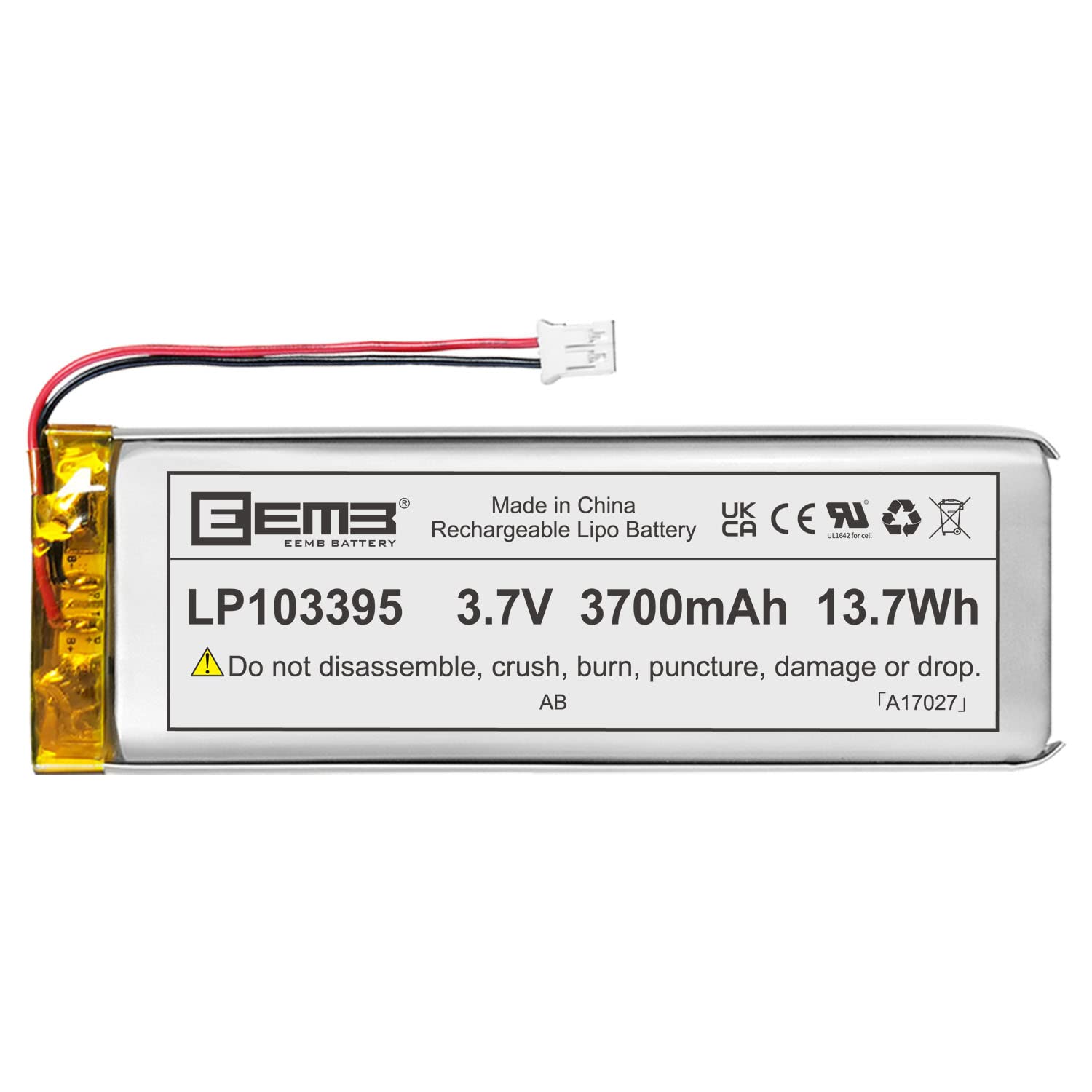 EEMB Lithium Polymer Battery 3.7V 3700mAh 103395 Lipo Rechargeable Battery  Pack with Wire JST Connector