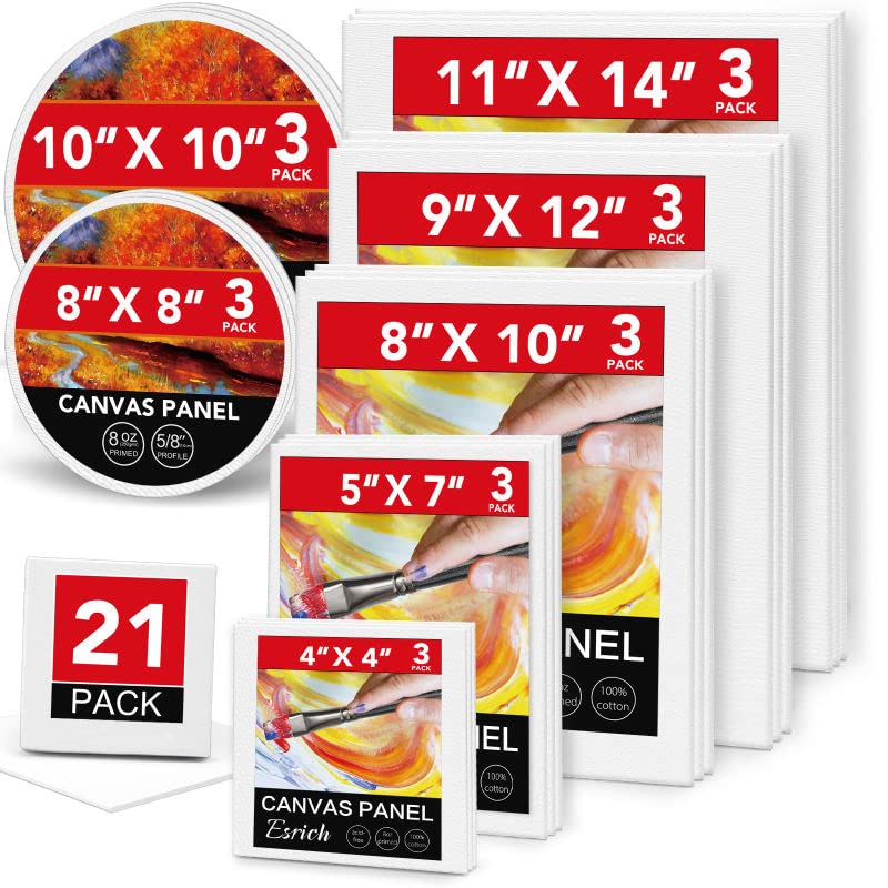 ESRICH Canvases for Painting Blank Cotton Canvas Boards 21Pack with 7 Size  4*4 5*7 8*10 9*12 11*14 Round Canvas with 8*8 10*10 3 of Each Painting  Canvas for Oil & Acrylic Paint 21 Packs Canvas Panel - 7 Siz