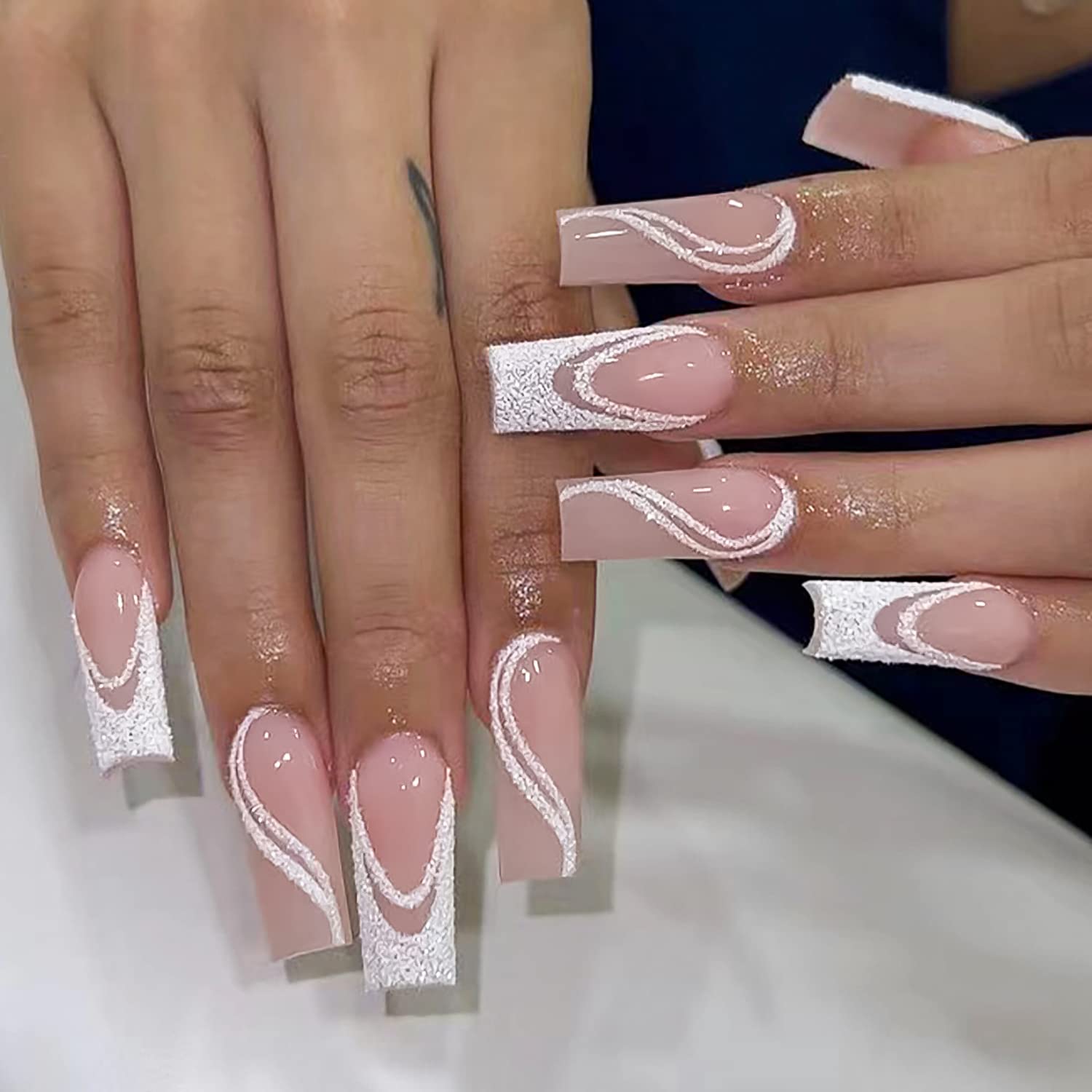 Glitter White Lines False Nail Long Coffin Press on Nails for