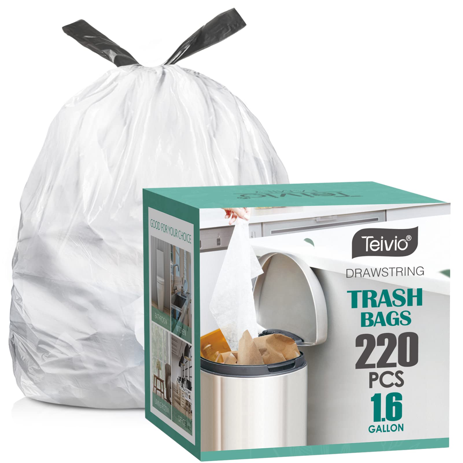 1.6 Gallon/220pcs Strong Drawstring Trash Bags Garbage Bags by
