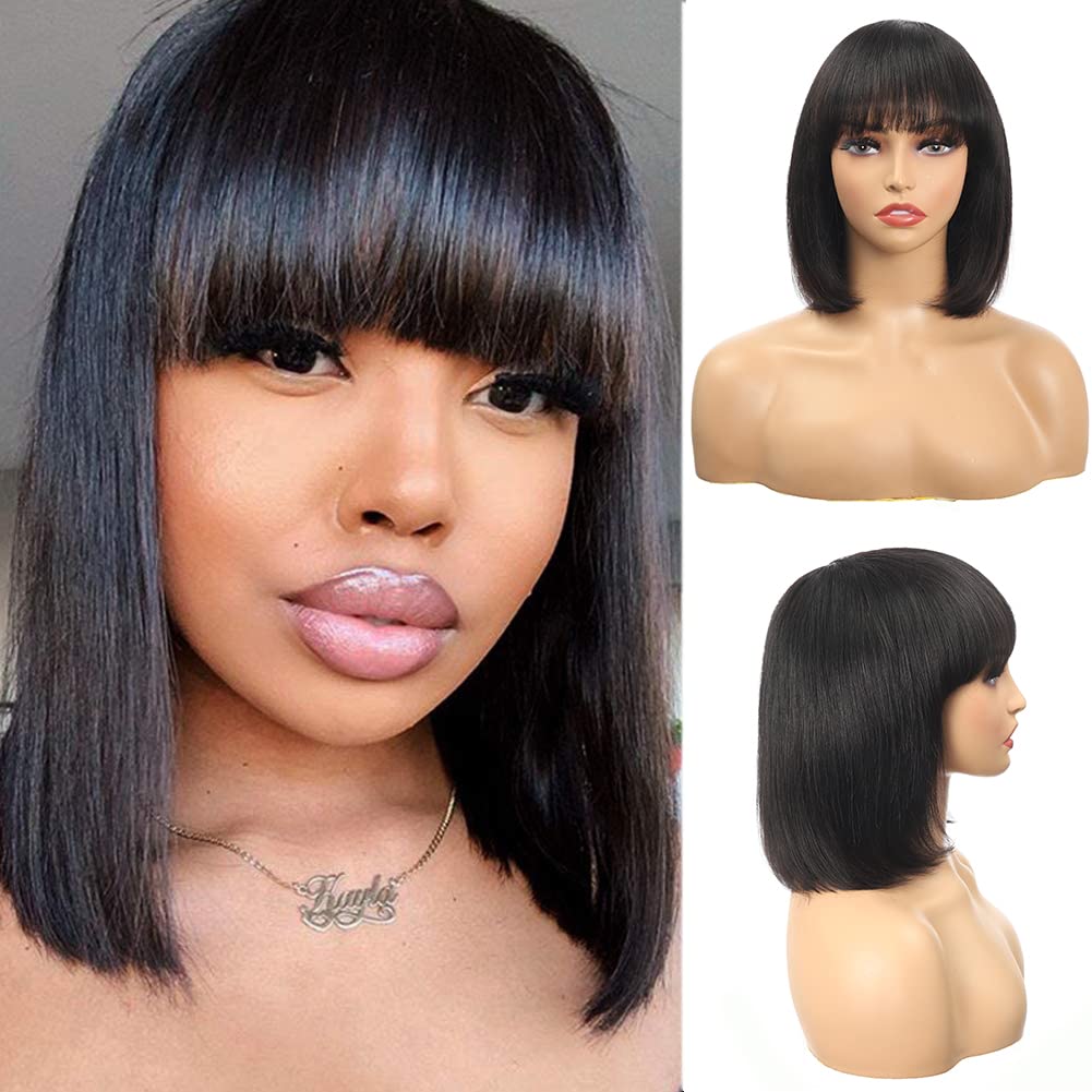 BLACROSS Short Bob Wigs for Black Women Human Hair Wigs with Bangs 130%  Density Brazilian Human Hair Straight Bob Wigs Glueless Machine Made Wigs  with Baby Hair Natural Color 10'' : Buy