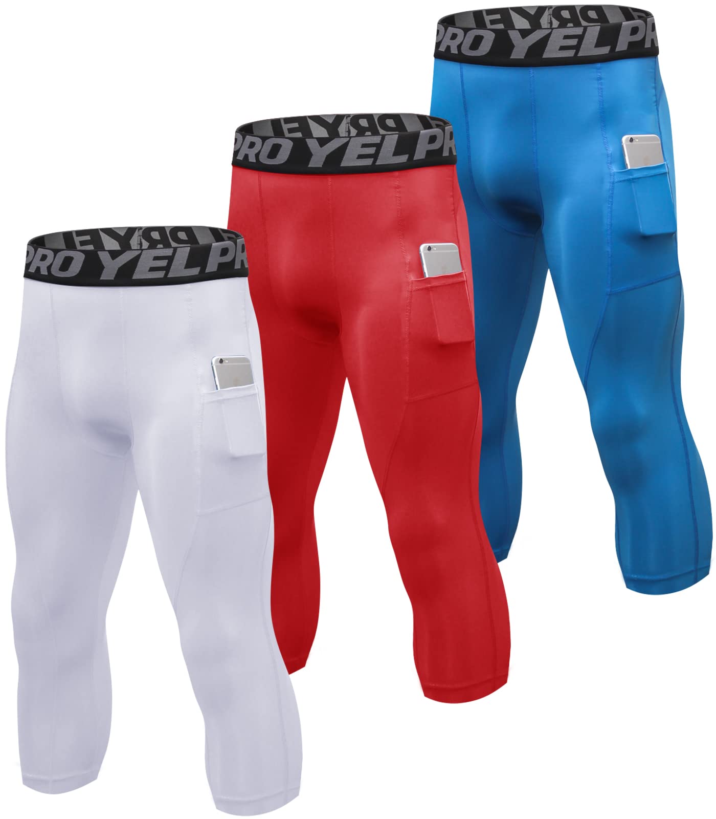 1 or 3 Pack Men's 3/4 Compression Pants Dry Fit Men Running Leggings 3/4  Tights Gym Capri Pant Football Basketball White+red+blue Large