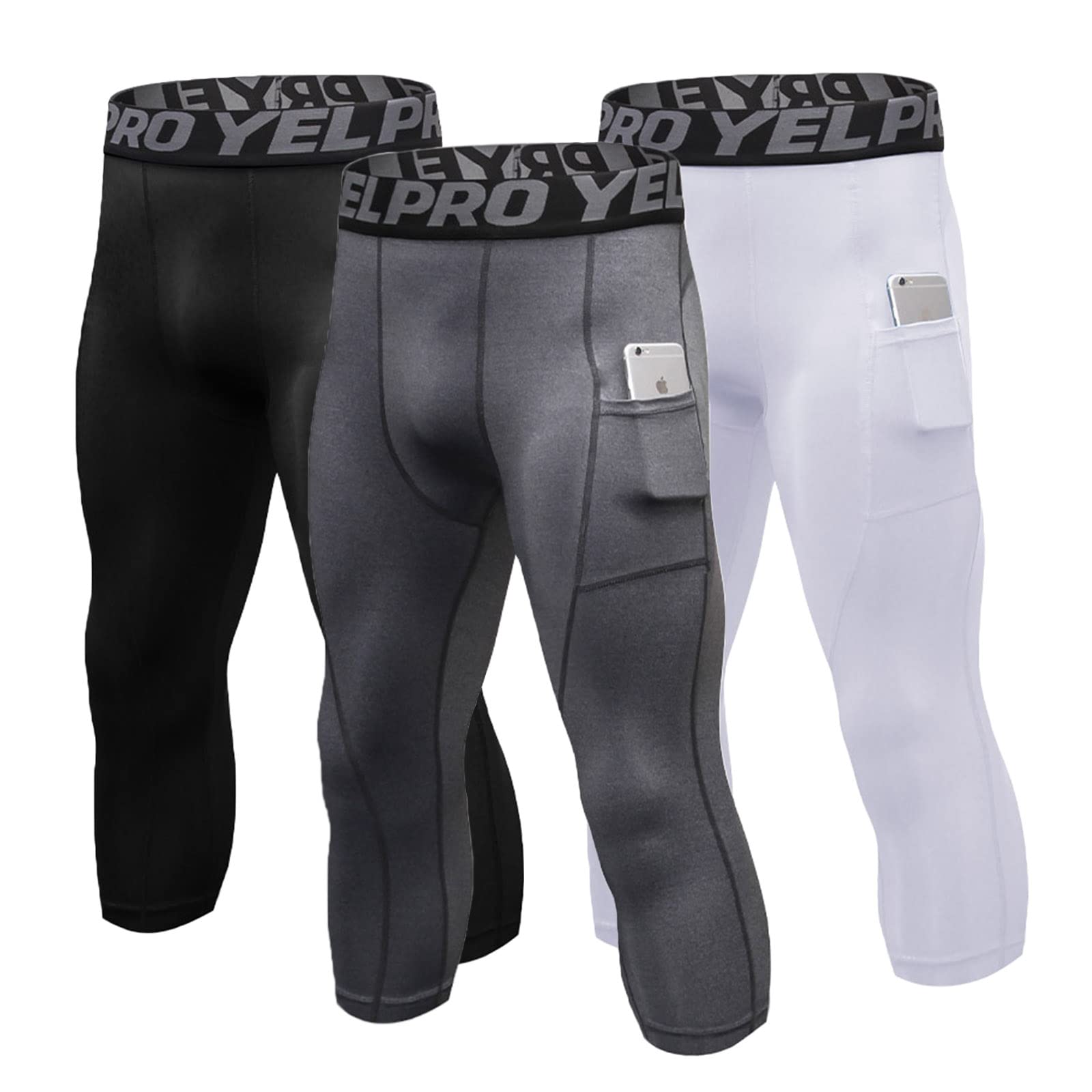 ABTIOYLLZ 3 Pack Men's 3/4 Compression Pants Athletic Leggings Running Capri  Tights Pocket Cool Dry Gym Basketball Baselayer 3 Pack-black+white+grey#01  Medium