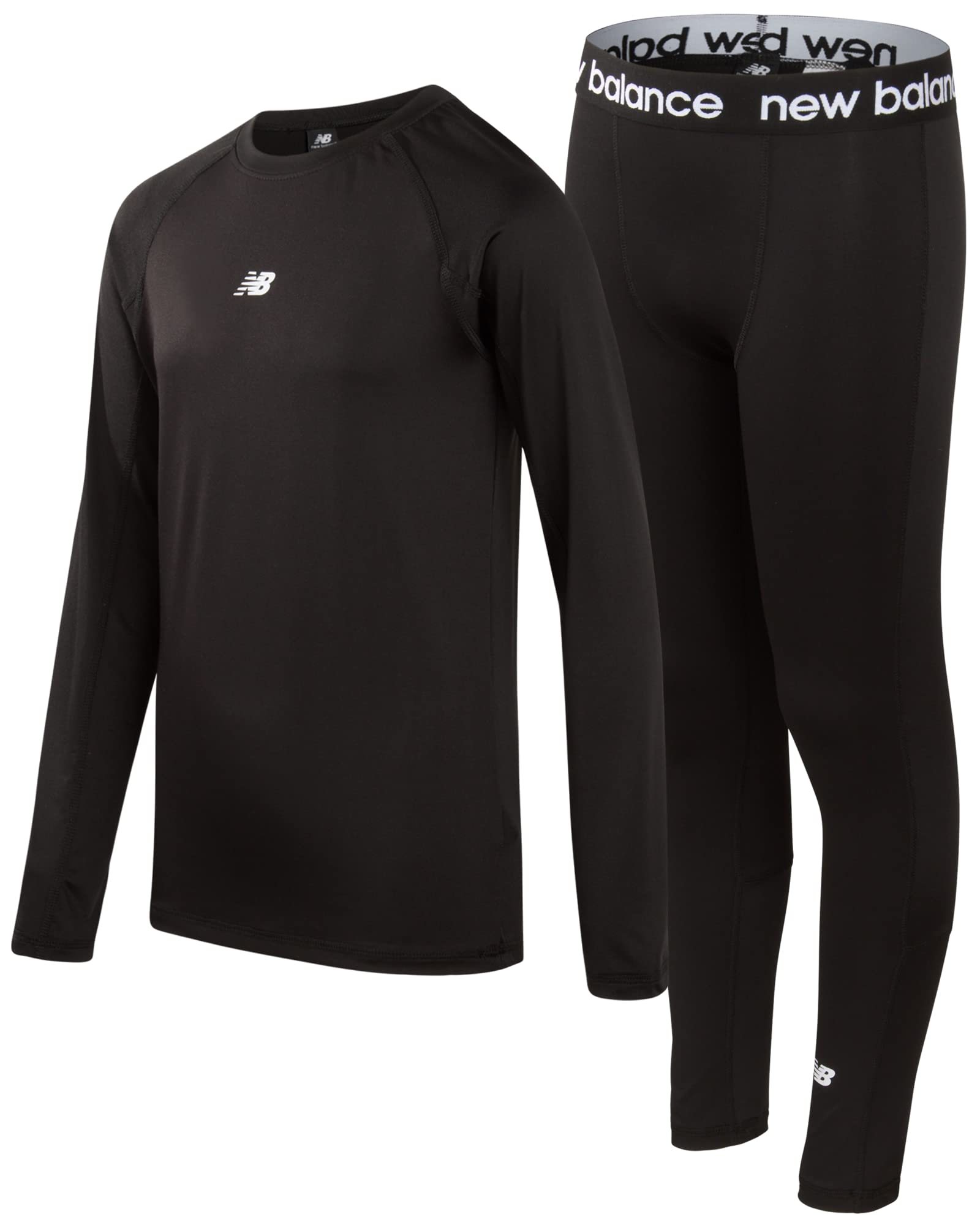 New Balance Boys' Performance Underwear Set - Base Layer Long Sleeve  T-Shirt and Tights Black Solid 14-16