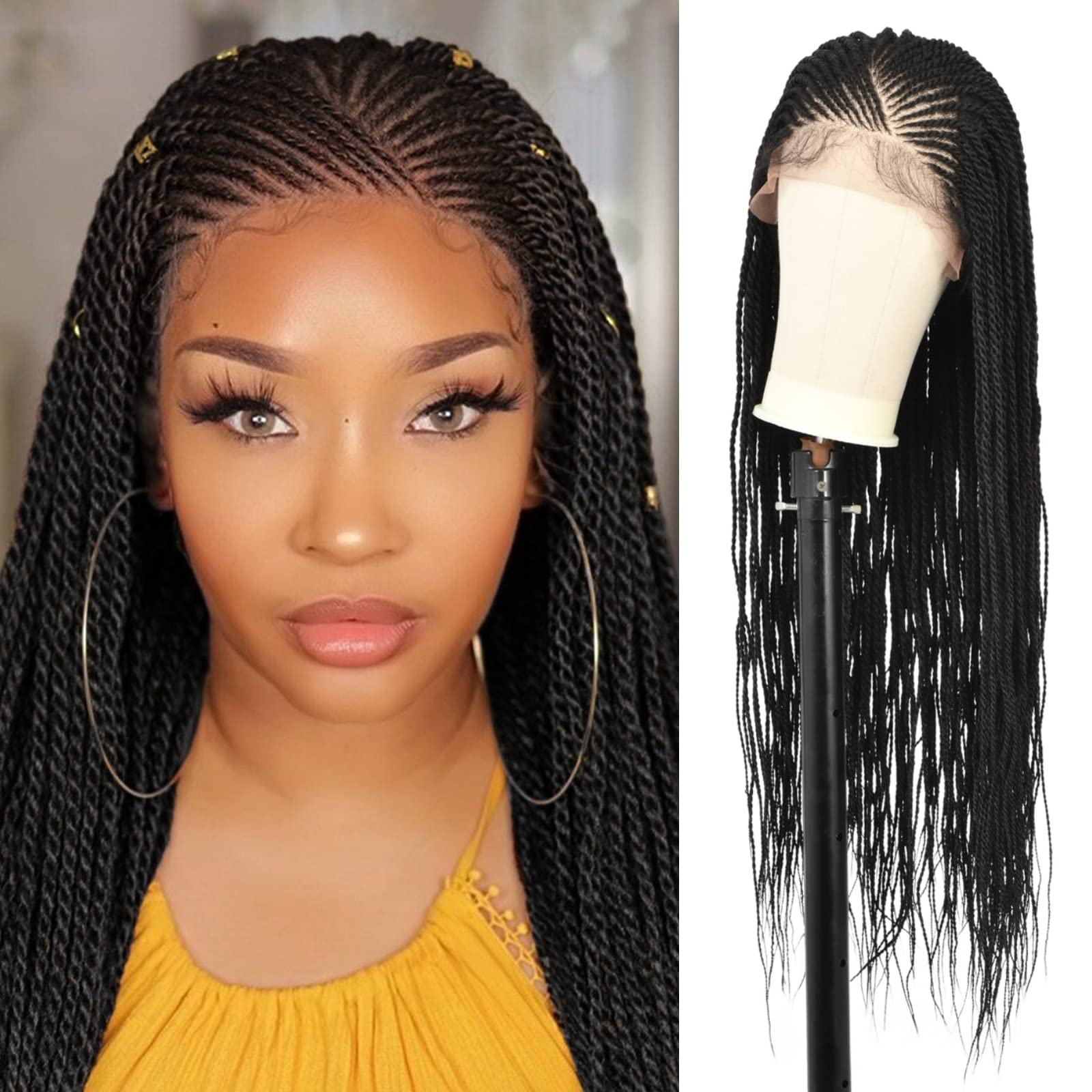 Brinbea 13X6 Lace Front Braided Wigs for Women Premium Synthetic Twisted Braid  Wig Black Cornrow Braided Hair Wigs with Baby Hair 30 inches Twist Braids