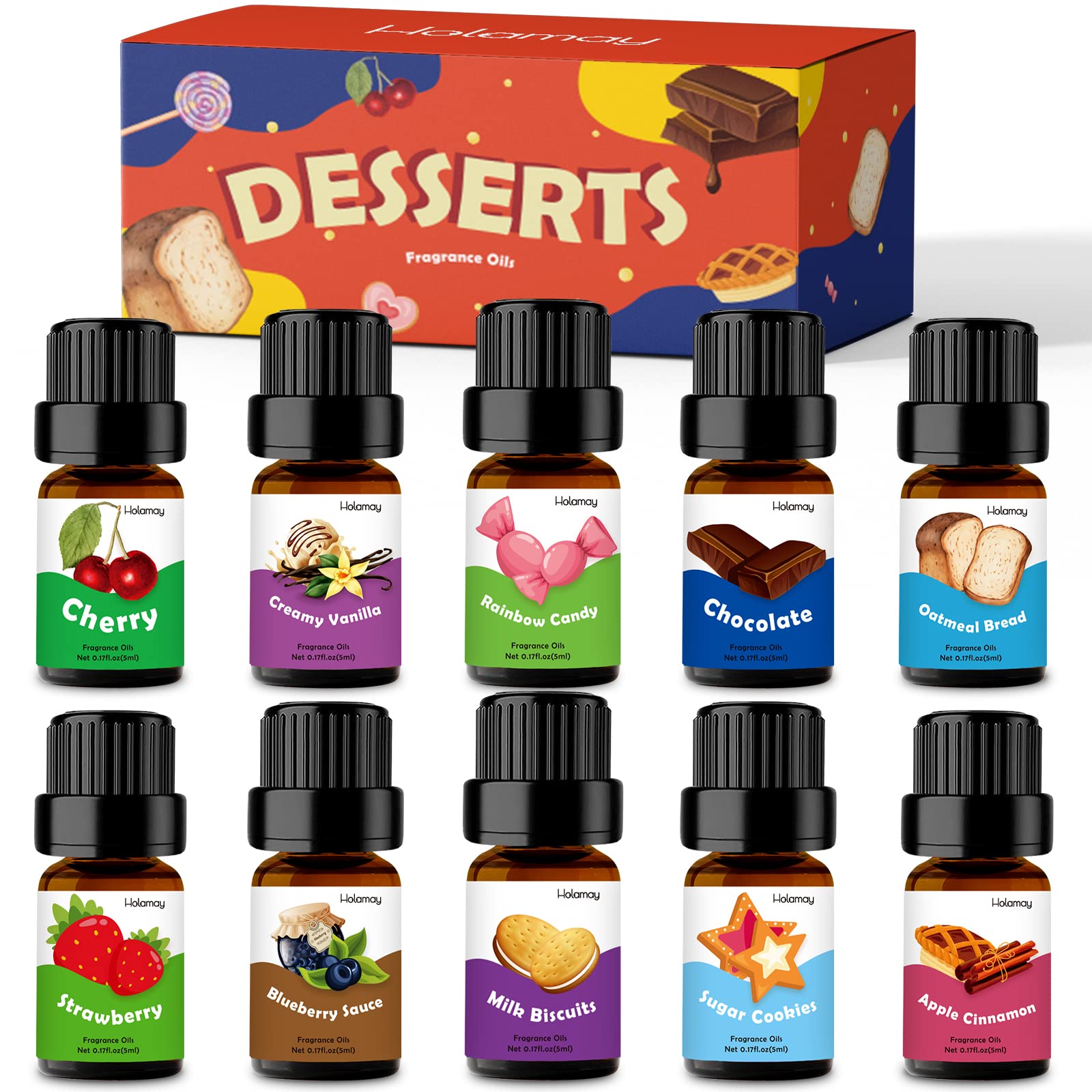Holamay Dessert Fragrance Oils, Scented Oils Set of 10 Sweet Soap & Candle  Making Scents - Creamy Vanilla, Apple Cinnamon, Cookies and More,  Aromatherapy Diffuser Oils, Holiday Essential Oils Set