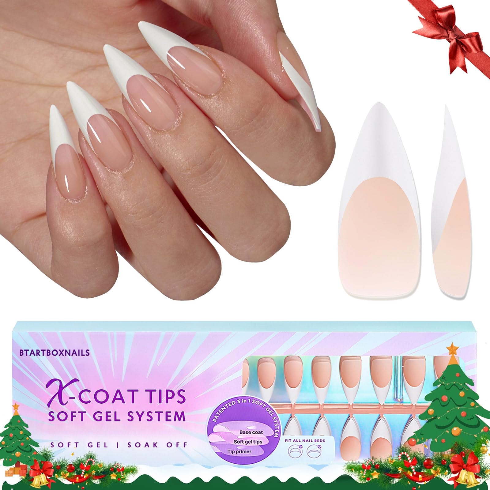 BTArtbox French Tip False Nails Long Stiletto Nail Tips X coat Tips Press on Nails Preapplied